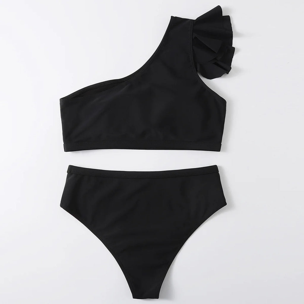 One Shoulder Ruffle Bikini Set - Solid High Waist Padded Swimwear for Women | 2025