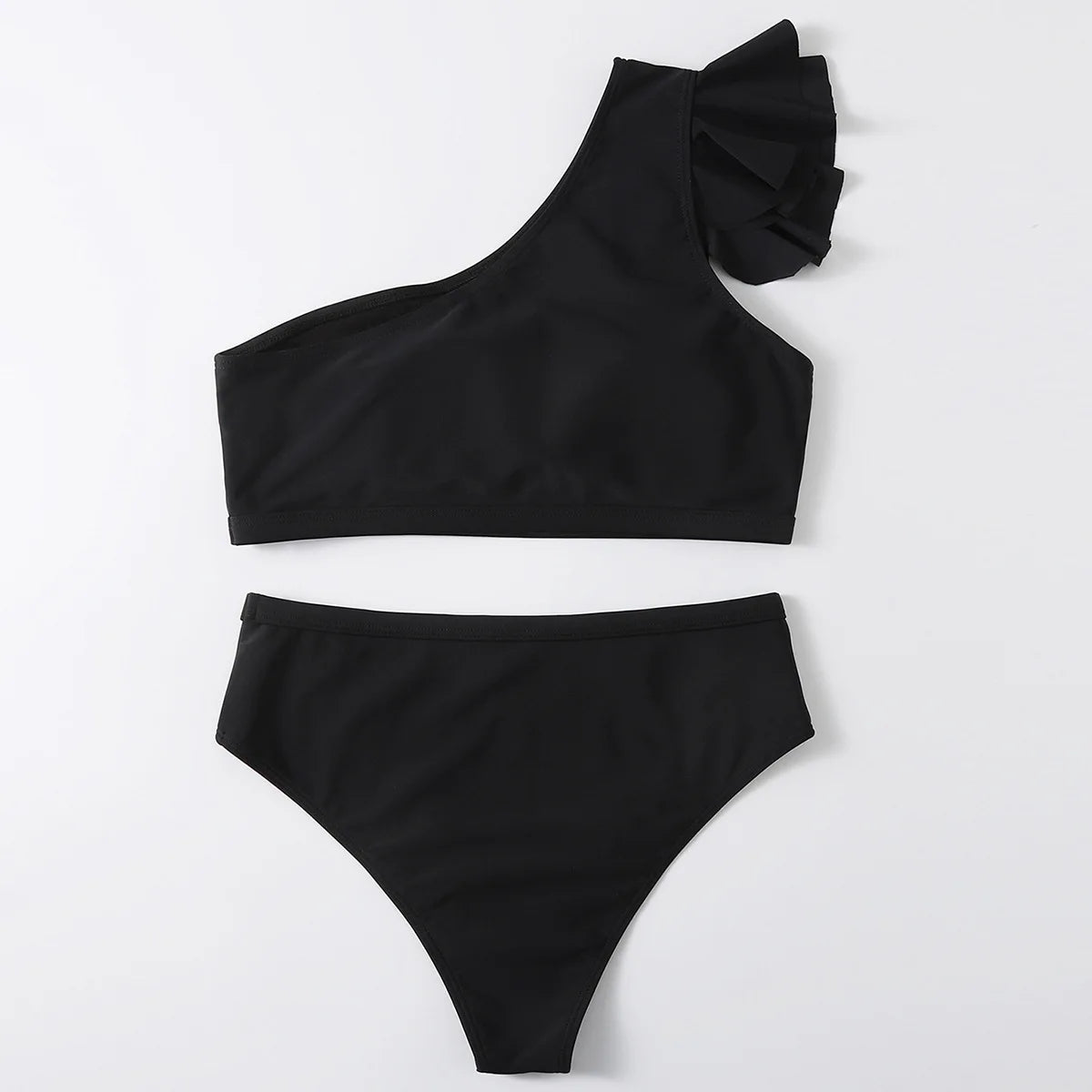 One Shoulder Ruffle Bikini Set - Solid High Waist Padded Swimwear for Women | 2025