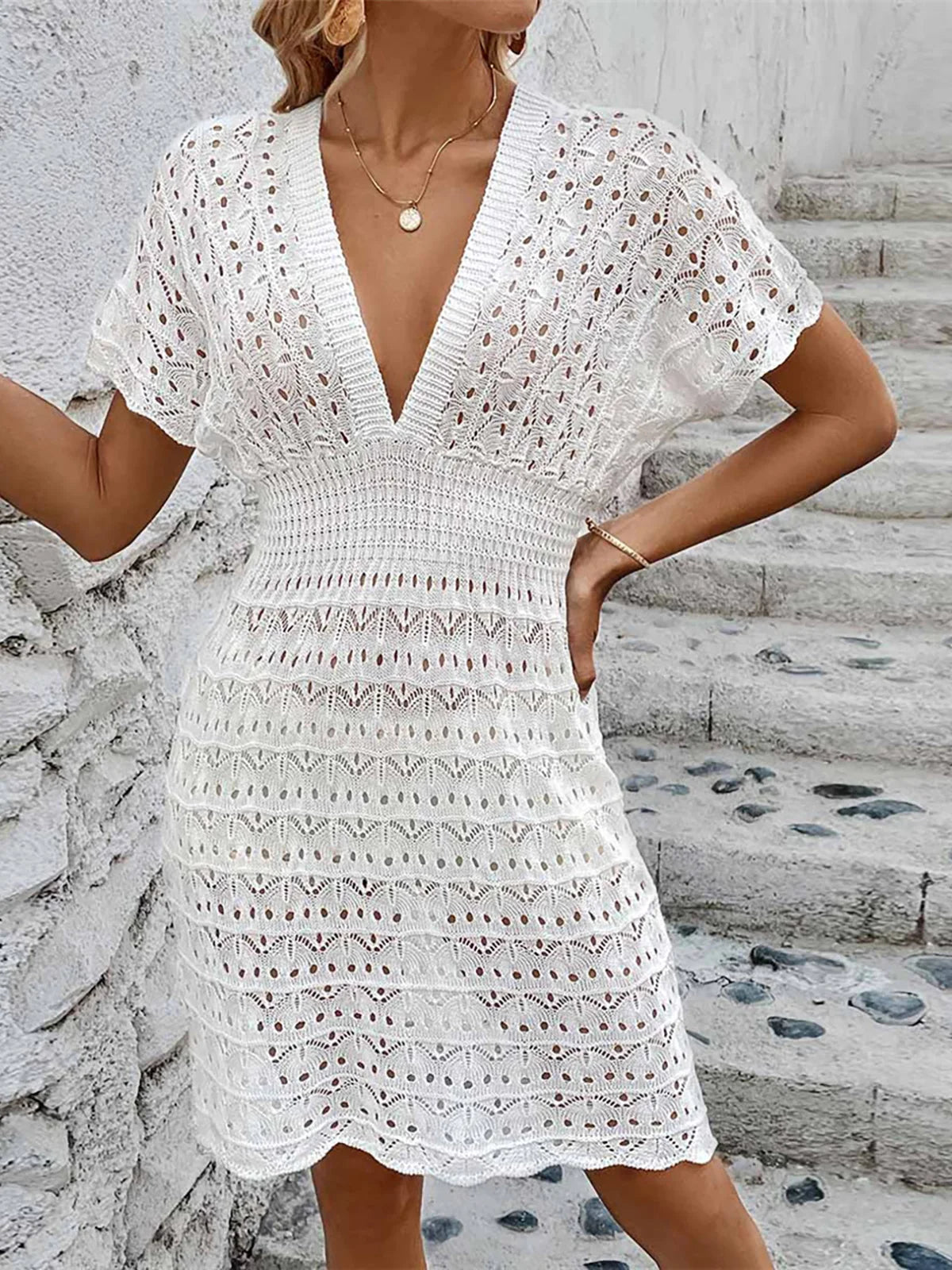 Women's Crochet Knit Mini Dress | Short Sleeve V-Neck Beach Cover Up