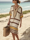 Casual Striped Midi Dress - Half Sleeve V-Neck Loose Spring Summer Dress for Women