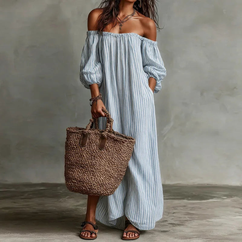 Women's Striped Patchwork Maxi Dress | Slash Neck Elegant Summer Party Wear