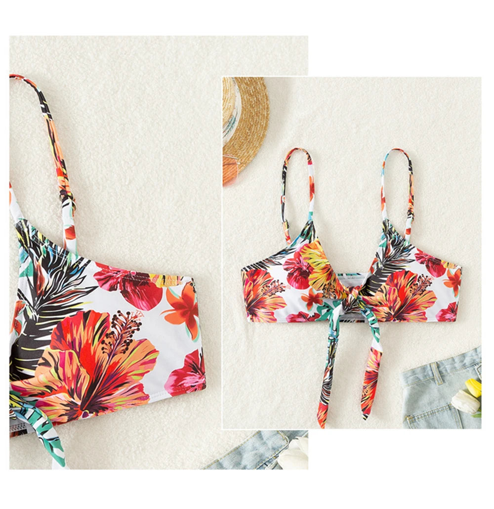 Floral Print 3 Piece Bikini Set with Mesh Blouse - Long Sleeve High Waisted Swimsuit