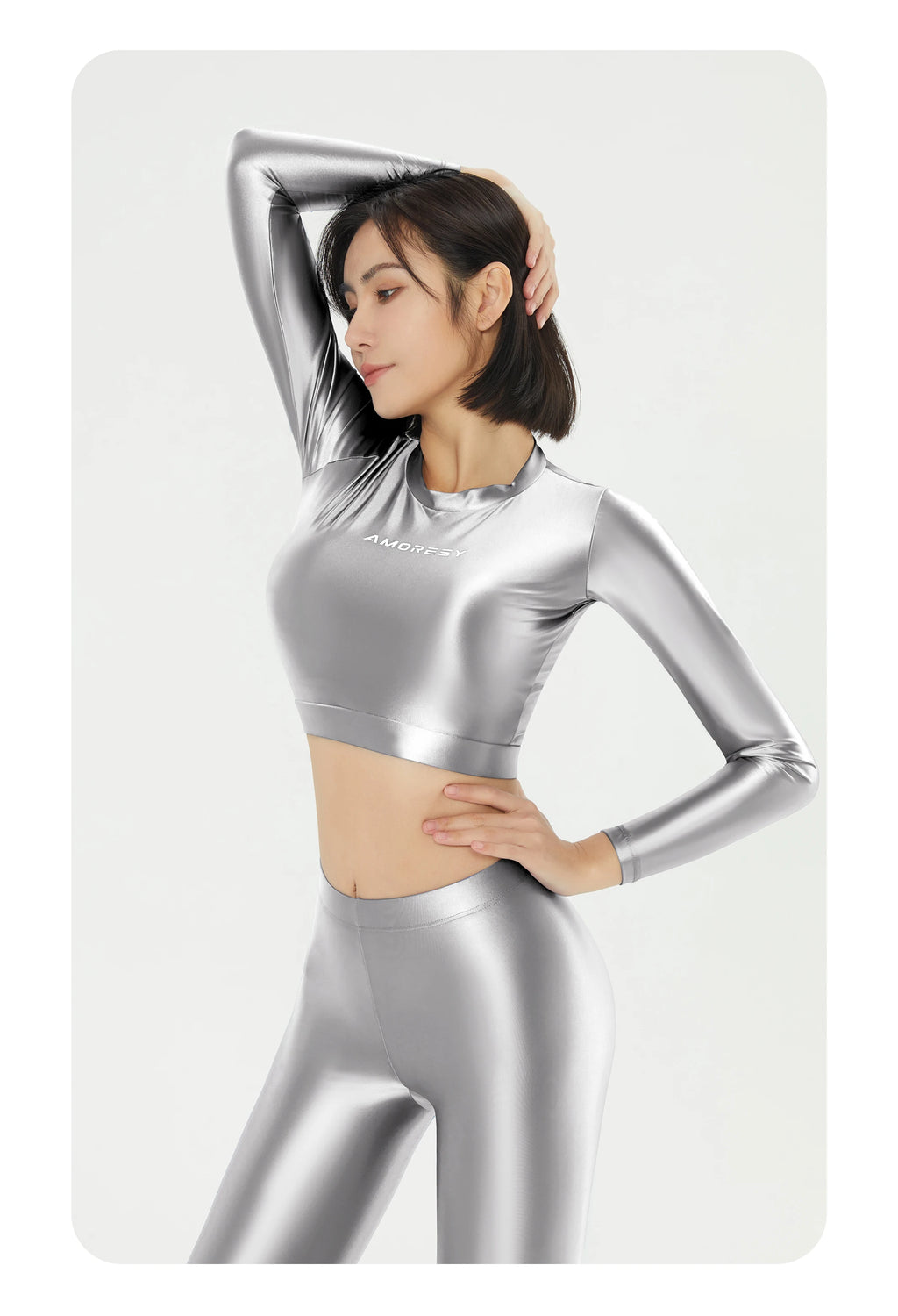 Women's Satin Long Sleeve Swim Top & Tights Set - Exposed Belly Activewear for Beach