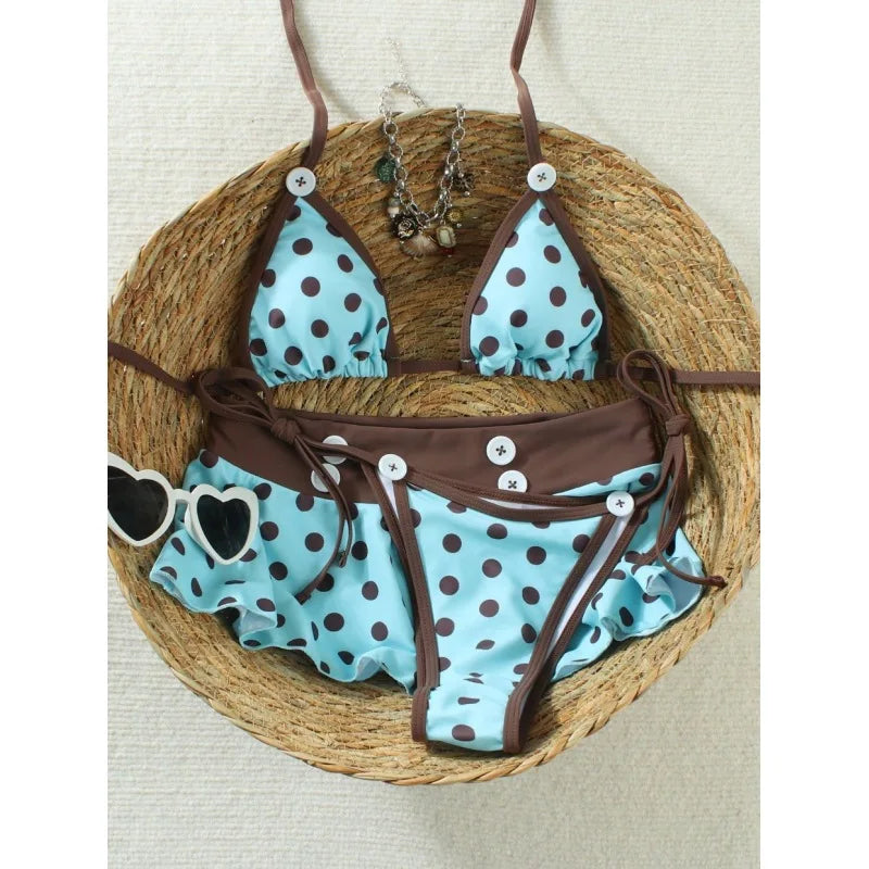 Women's Vintage Polka Dot 3-Piece Bikini Set | Ruffle Skirt Cover Up with Button Trim
