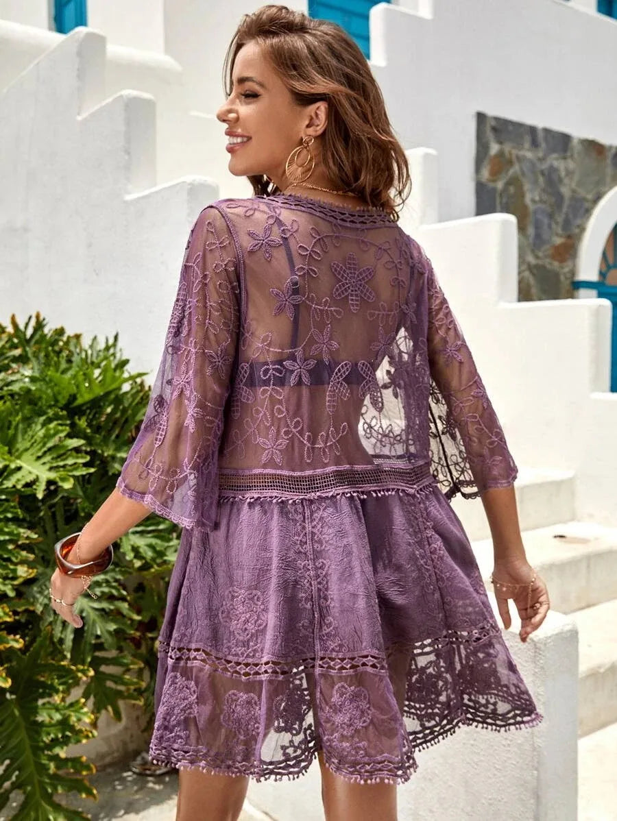 Women's Mesh Lace Cover Up Dress | Deep V-Neck Beach Swimsuit Set