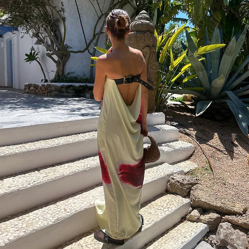 Yellow Floral Maxi Dress - Sexy Strapless & Backless with Belt | Vacation Party Beachwear