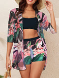 Women's Printed 3 Piece Bikini Set - High Waist Bandeau with Kimono Cover Up
