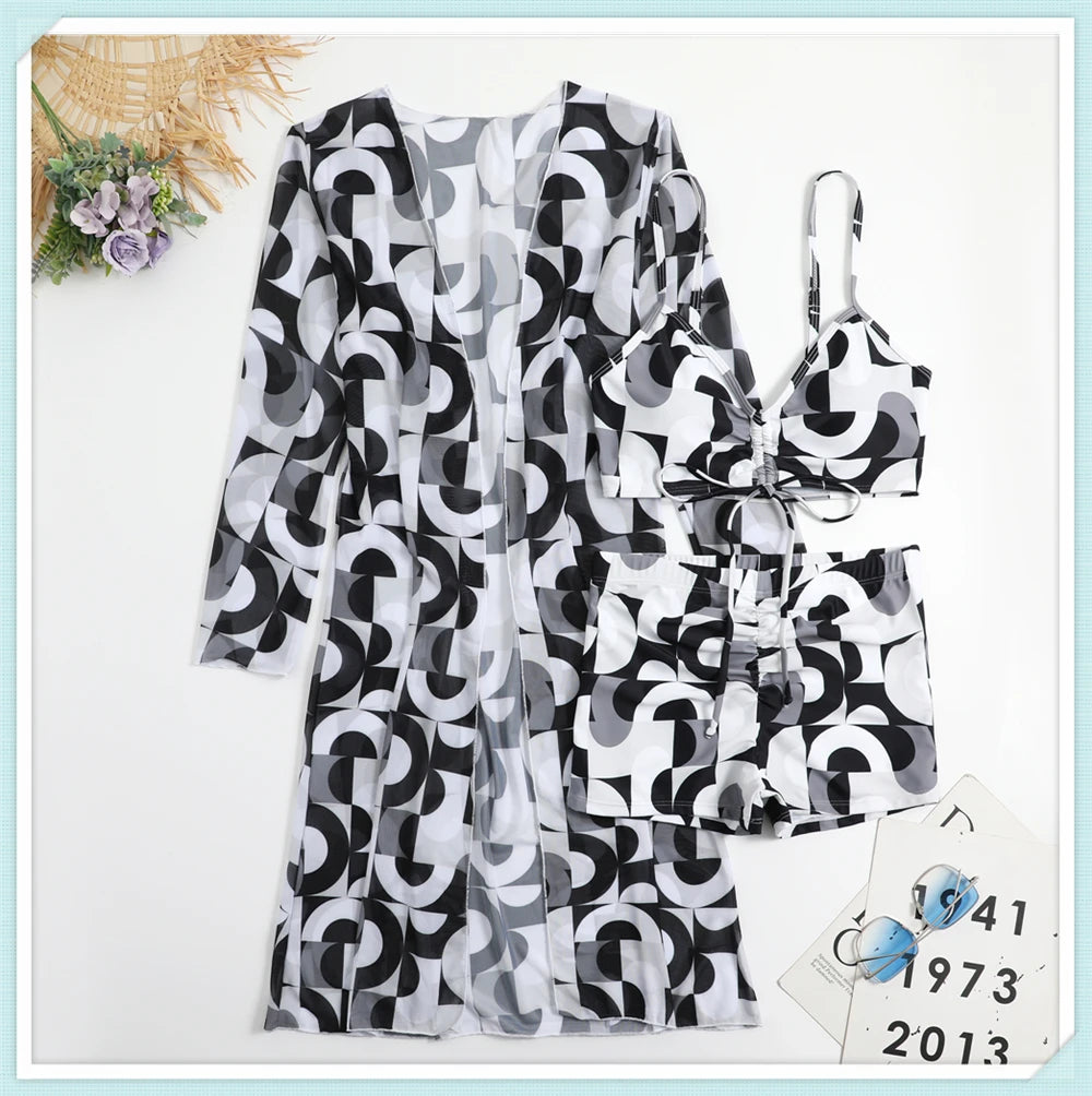 Sexy Printed 3 Piece Bikini Set - High Waist Swimsuit with Cover Up for Women