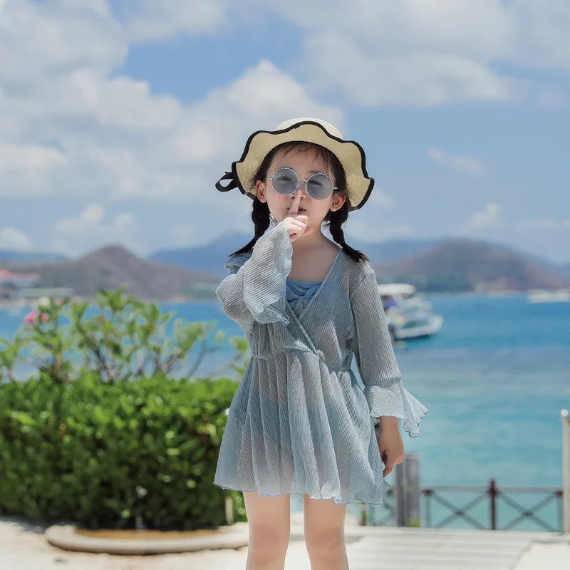 Mother-Daughter Matching Swimsuit Set | Long Sleeve Sun Protection Cover Up & Bikini 3-Piece