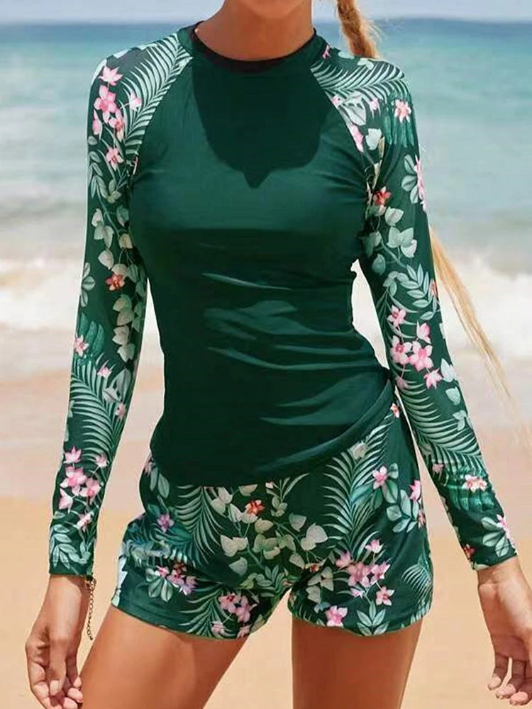 Women's Long Sleeve Tankini Swimwear Set - High Waist Boxer Shorts 2 Piece Beachwear
