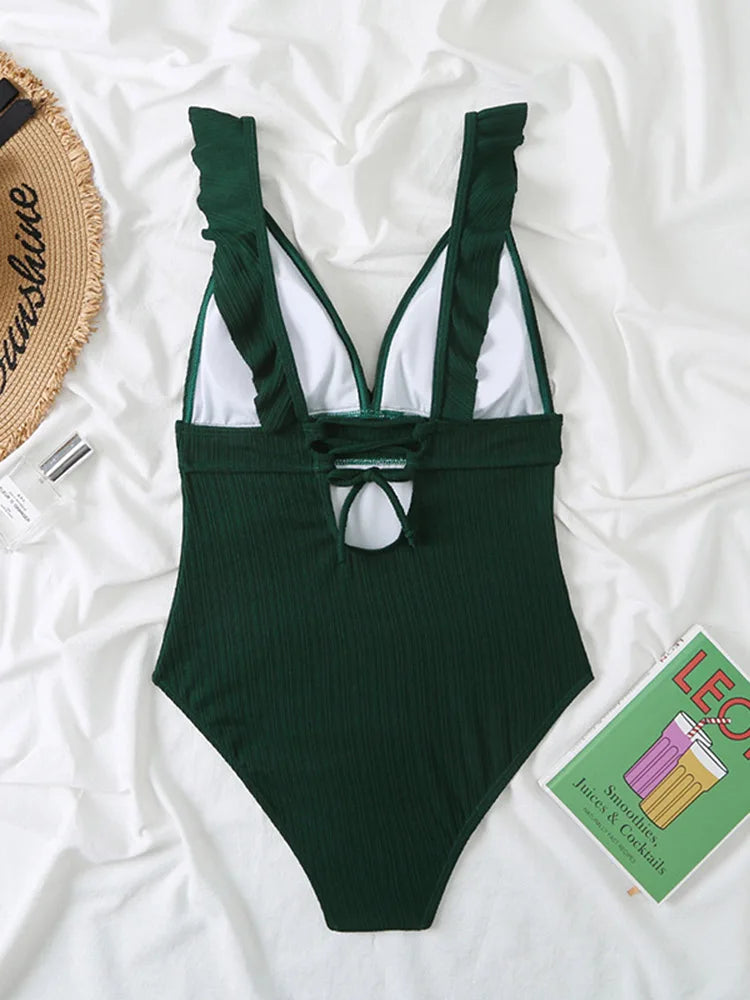 Women's Ruffle One Piece Swimsuit | V-Neck Backless Swimwear with Padded Bra