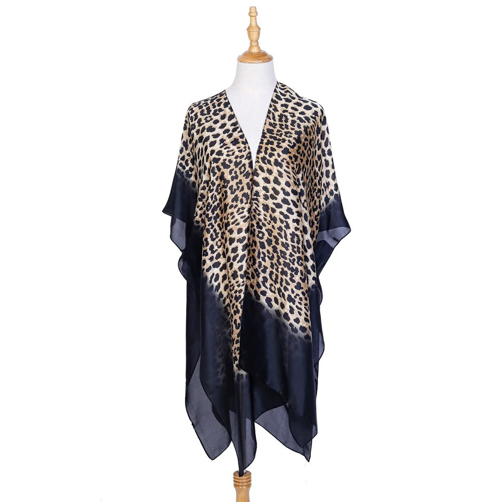 Novelty Gradient Leopard Print Imitate Silk Bikini Cover Up Sun Protection Cardigan Summer Leisure Beach Swimsuit Cape Quick-dry