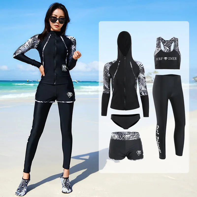 Women's 5-Piece Long Sleeve Rash Guard Set | UV/SPF Swim Shirt & Leggings