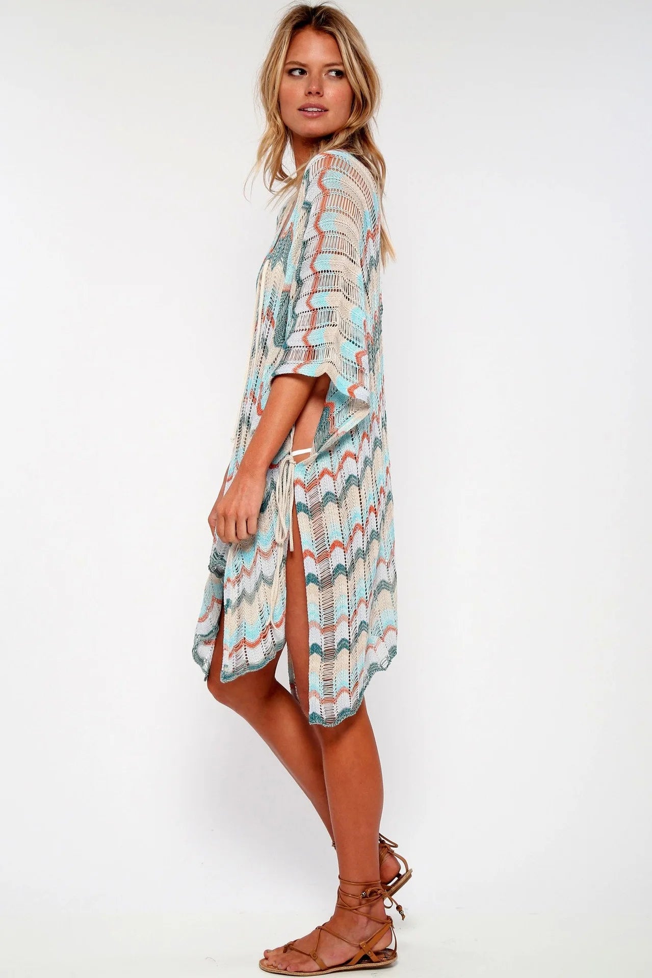 Women's Cotton Crochet Tunic Cover Up | Deep V Neck Lace-Up Mini Beach Dress