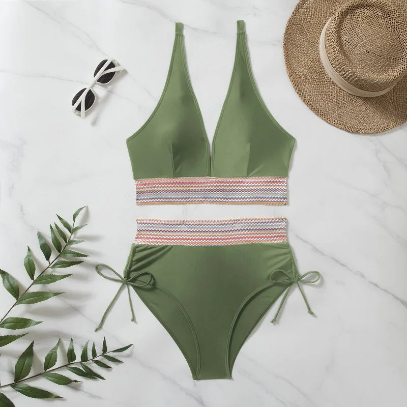 Solid Color Drawstring Bikini Set - High Waist Patchwork Separate Swimwear for Women