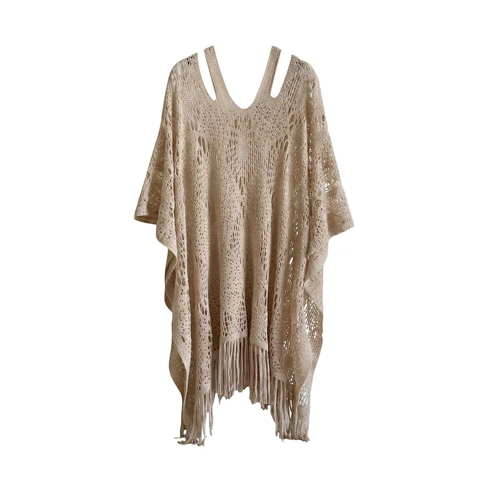 Women's Crochet Beach Shawl | Bohemian Tassel Sun Protection Cover Up