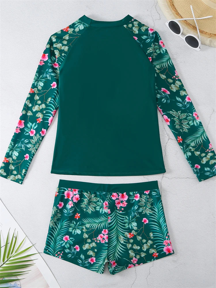 Women's Long Sleeve Tankini Swimwear Set - High Waist Boxer Shorts 2 Piece Beachwear