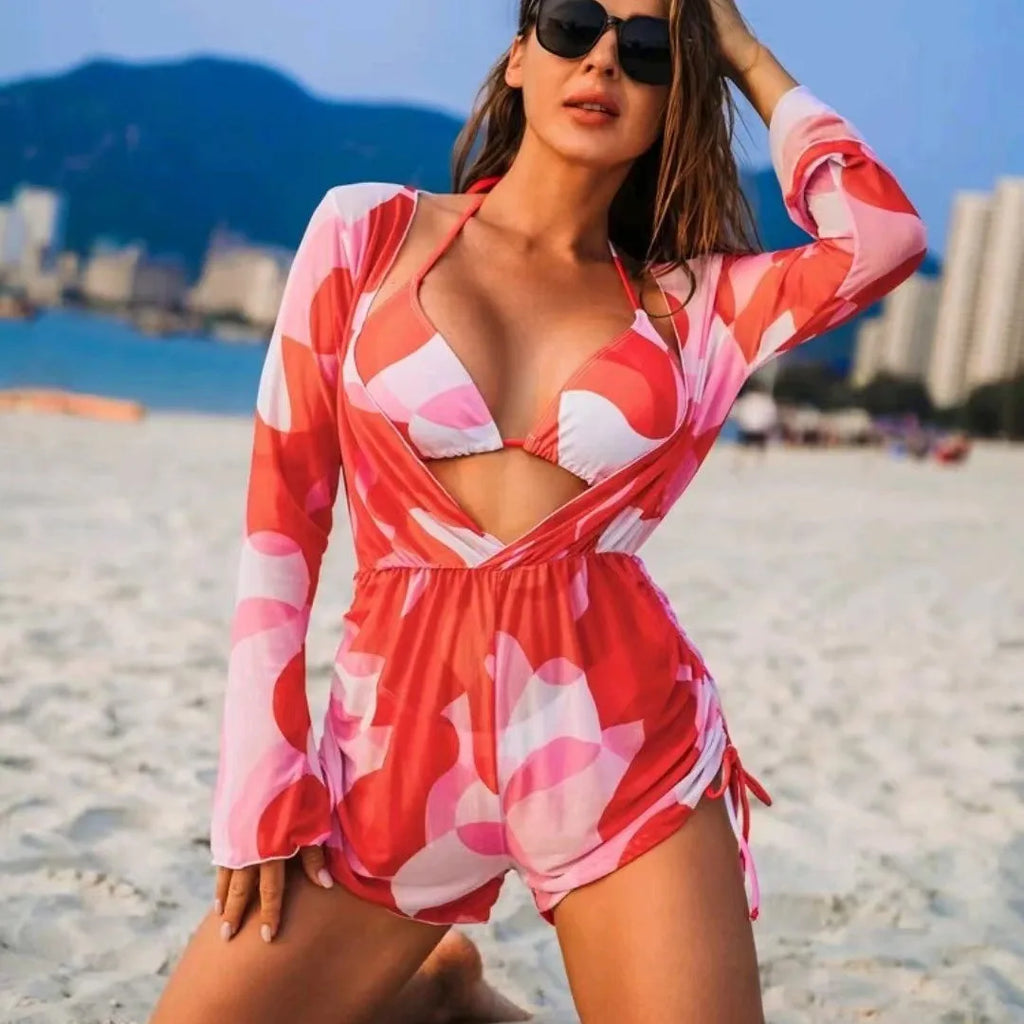 Print 3 Piece Bikini Set with Long Sleeve - Women's Cross Halter Swimwear for Beach