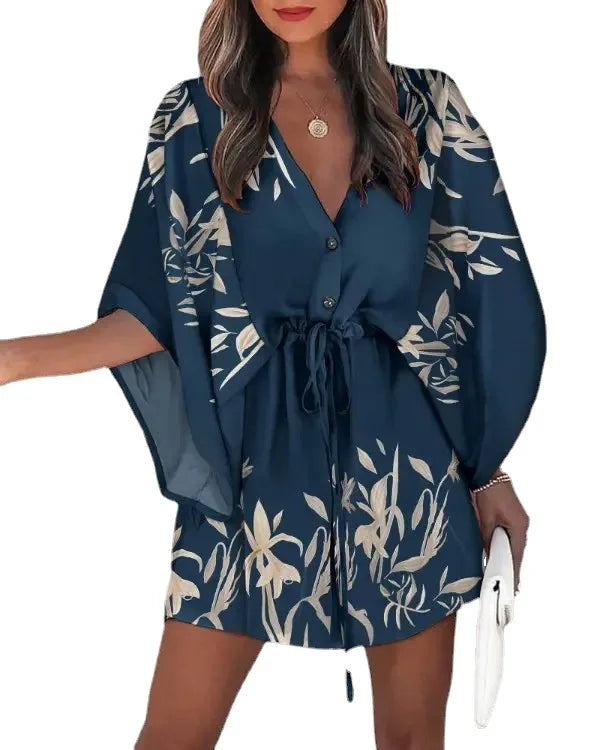 Women's Floral Print Batwing Sleeve Dress | V-Neck Ruffle Hem Boho Summer