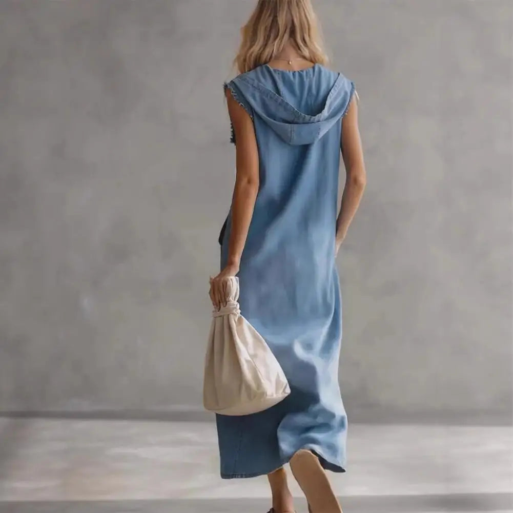 Women's V-Neck Sleeveless Maxi Dress | Hooded with Pockets & Side Slit