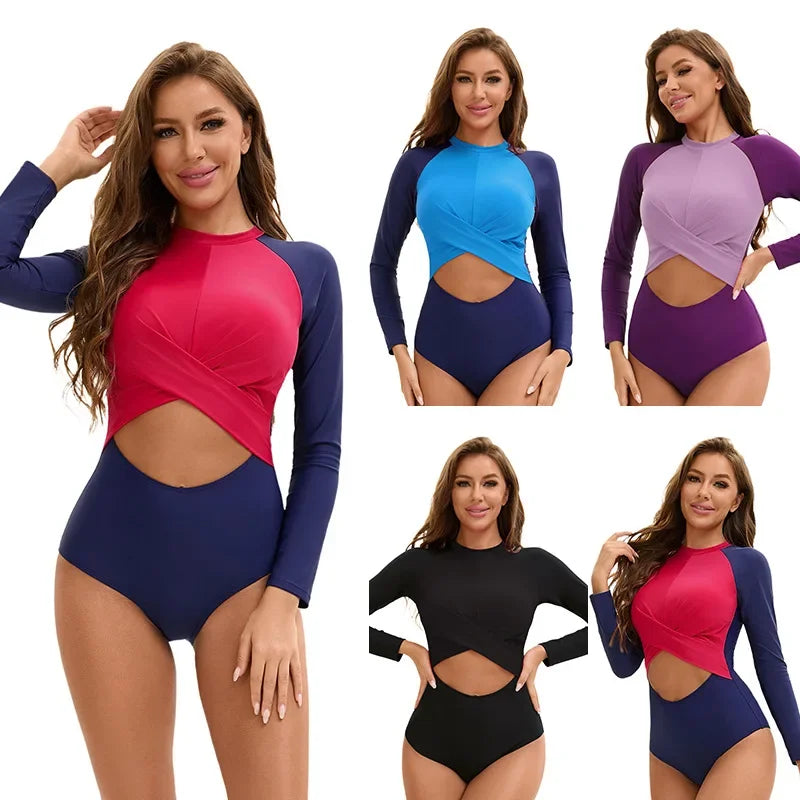Women's Sporty Color Block Swimsuit Set | Long Sleeve & High Waist Surf Swimwear