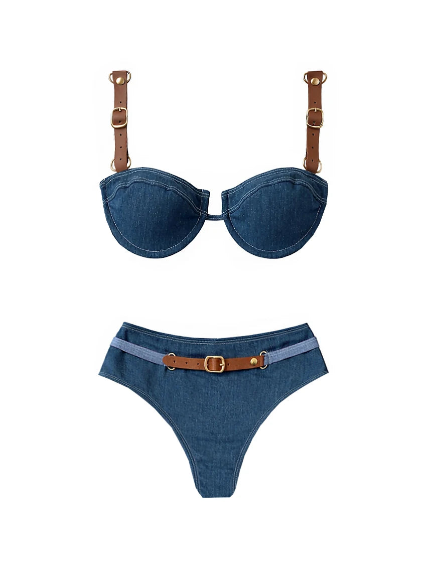 Women's Corset Style Denim Bikini Set | Sexy Casual Swimwear for Mature Women