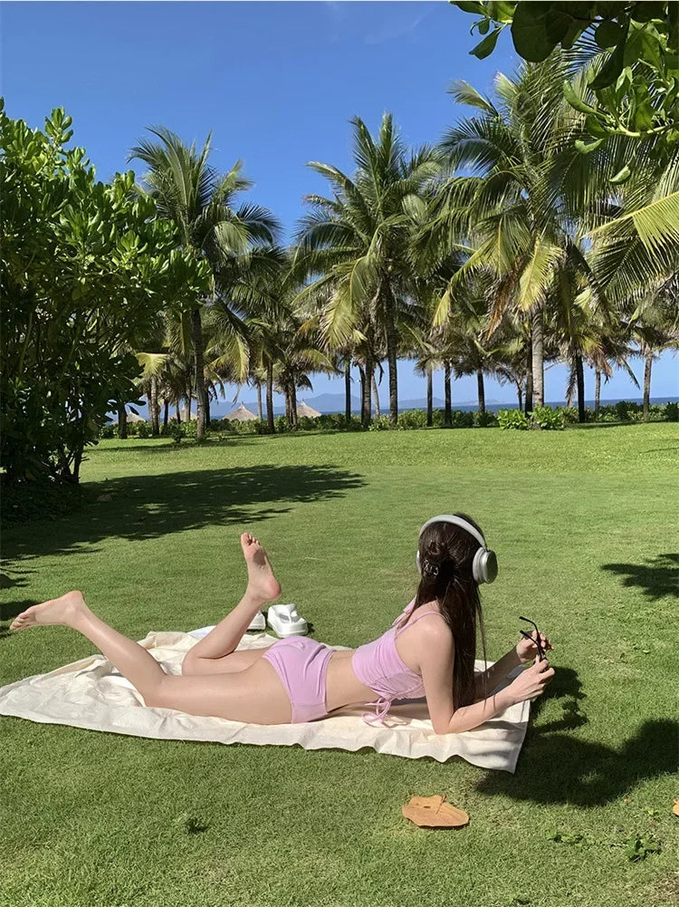 Women's High Waist Bikini Set | Drawstring Two-Piece Korean Swimwear