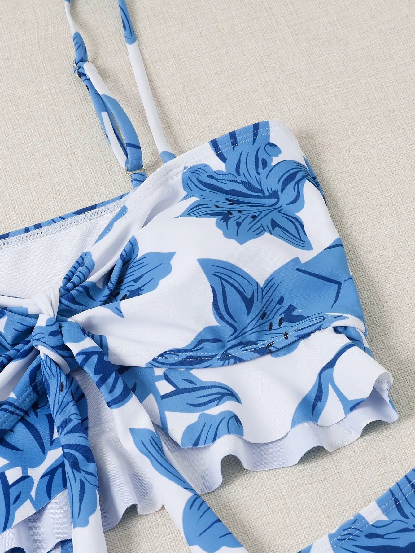 Floral Print 3 Piece Bikini Set - Knot Front Ruffle Swimsuit with High Waist Skirt