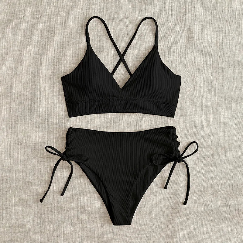 CIKINI Women's V-Neck Lace Up Bikini Set | Solid Color Triangle Swimwear