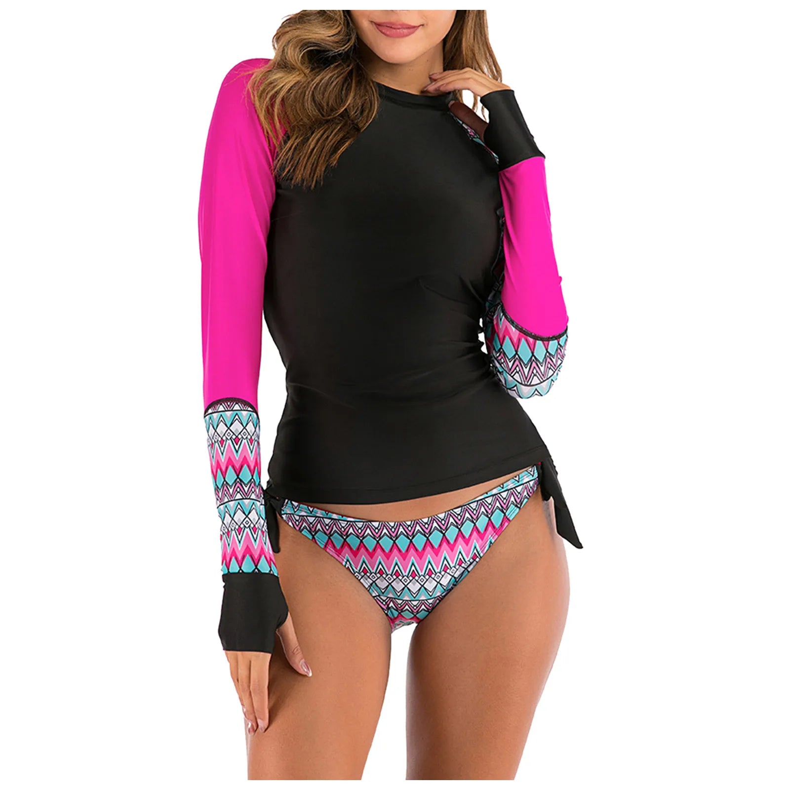 Women's 2 Piece Print Rash Guard Set - UV Protection Long Sleeve Bikini Bathing Suits