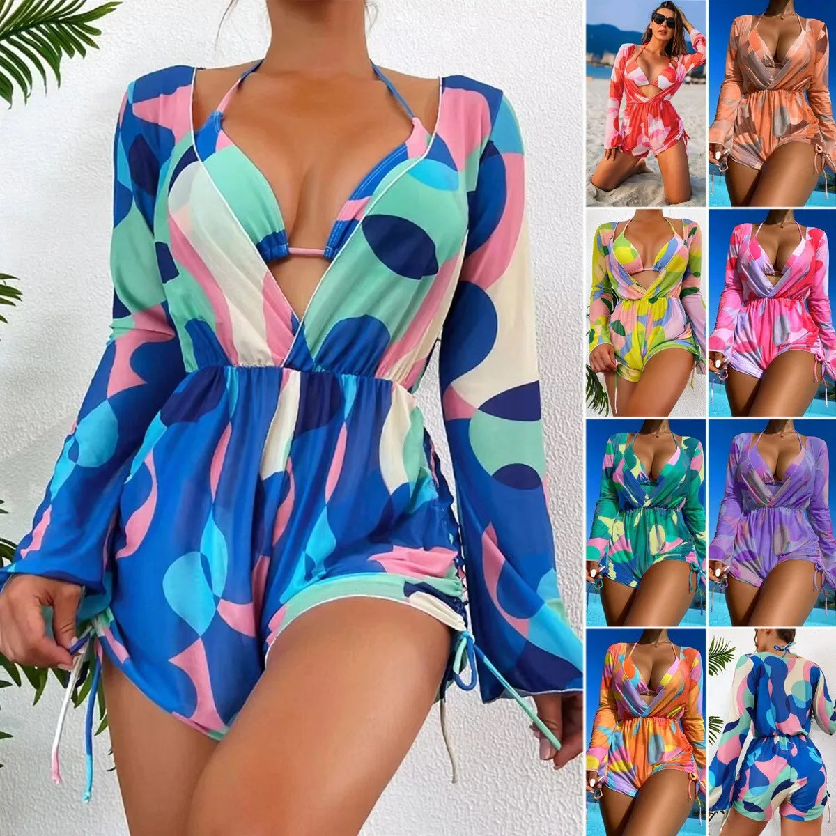 Print 3 Piece Bikini Set with Long Sleeve - Women's Cross Halter Swimwear for Beach