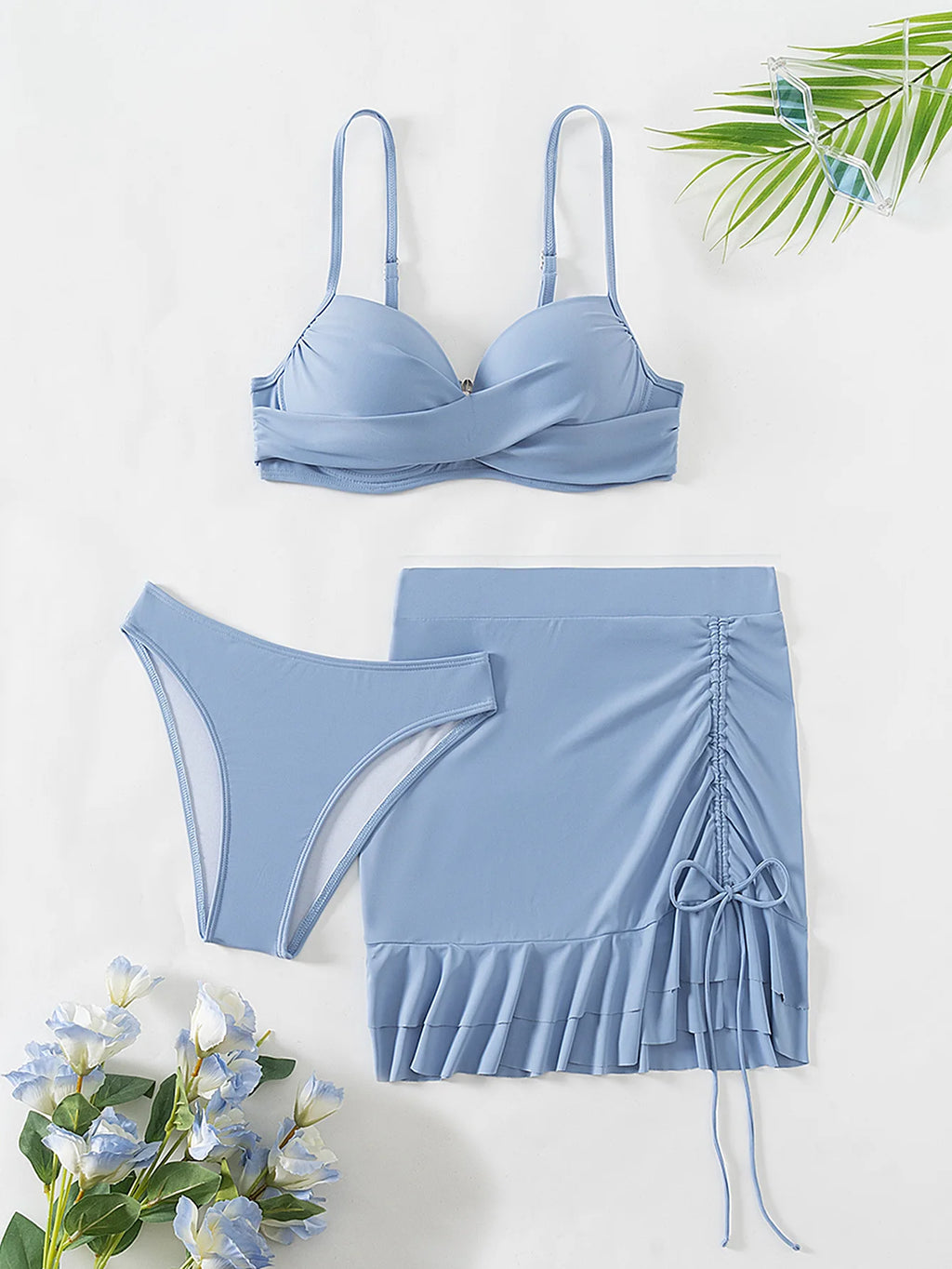 Women's 3-Piece Underwire Push Up Bikini Set | High Waist with Ruffled Drawstring Skirt