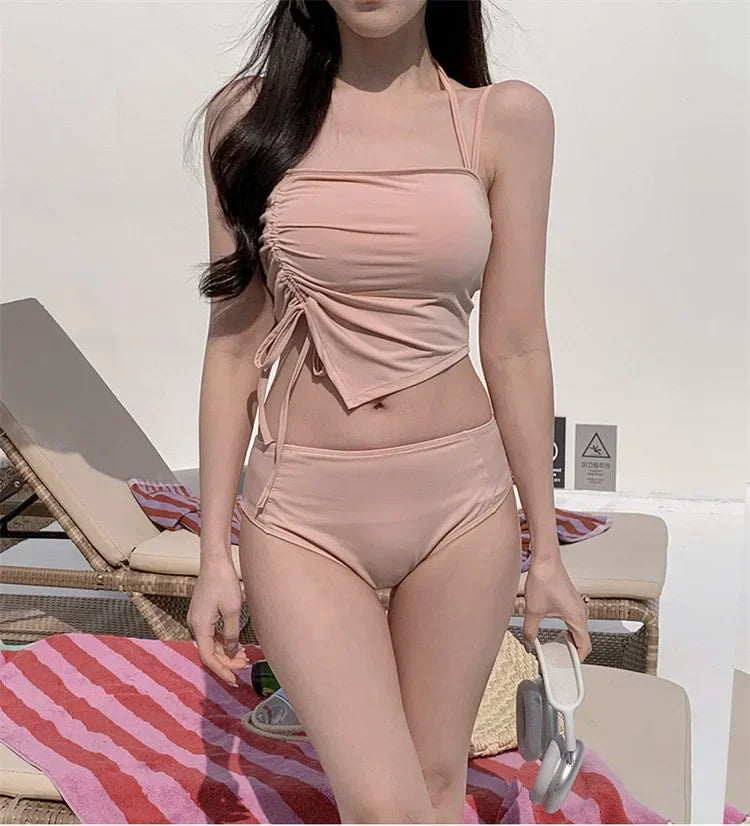 Women's High Waist Bikini Set | Drawstring Two-Piece Korean Swimwear