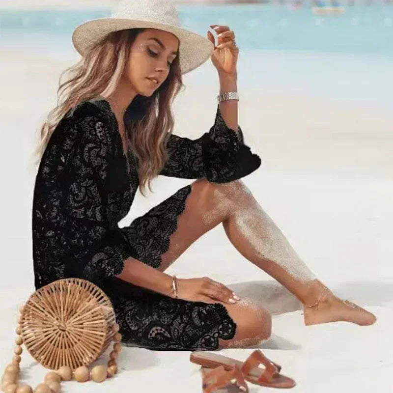 Boho White Crochet Beach Dress - V-Neck Scallop Trim Sundress Tunic Cover Up
