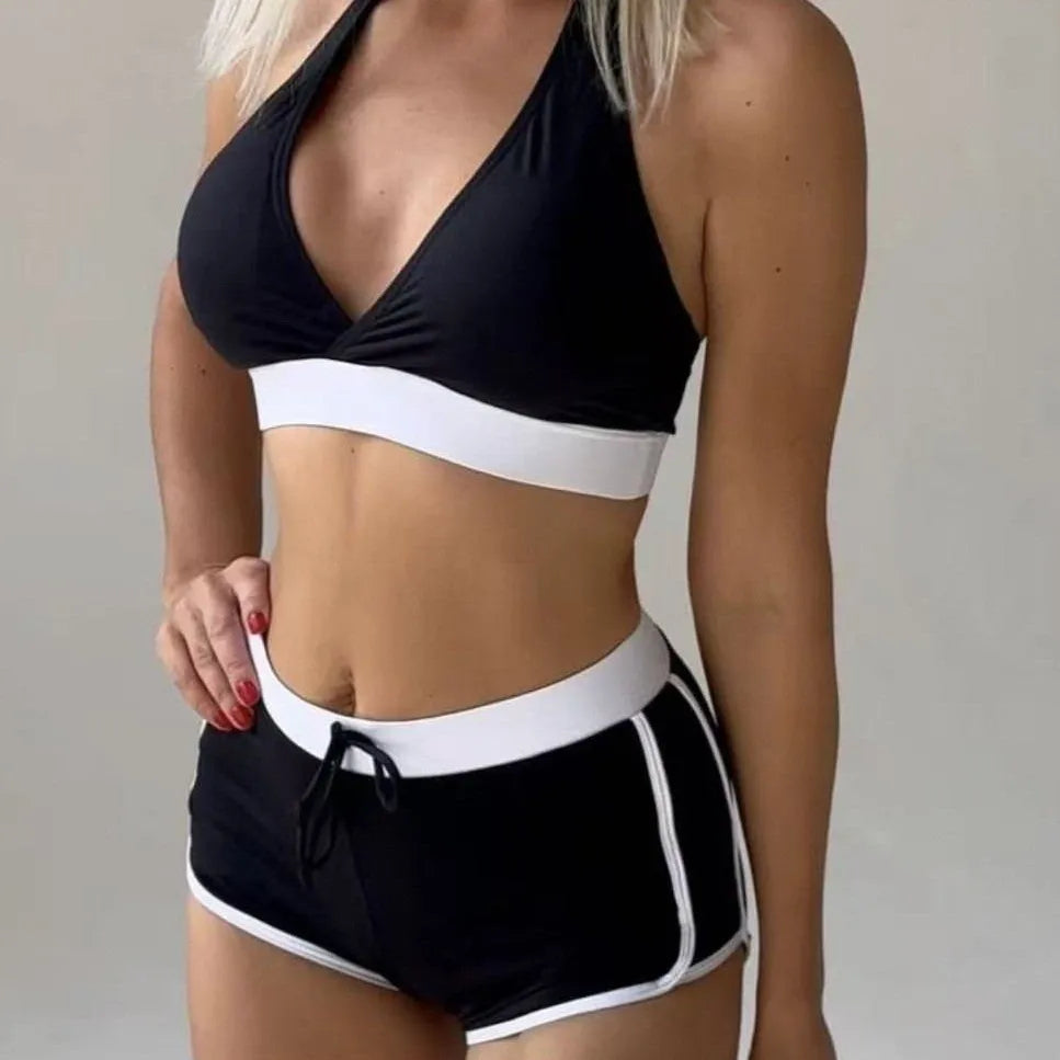 Women's Color Block Halter Bikini Set | Drawstring Shorts & Contrast Waistband Swimwear
