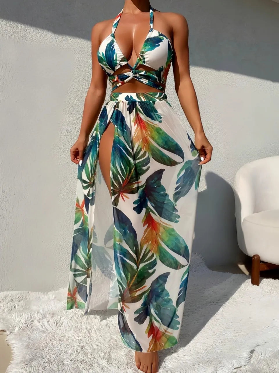 Sexy 3 Piece Halter Bikini Set with Beach Dress - Bandage Swimsuit for Women