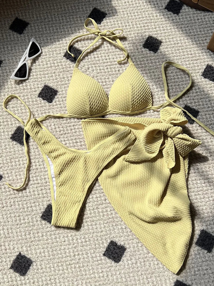 Women's 3-Piece Wrinkled Bikini Set | Push Up Swimwear with Beach Sarong