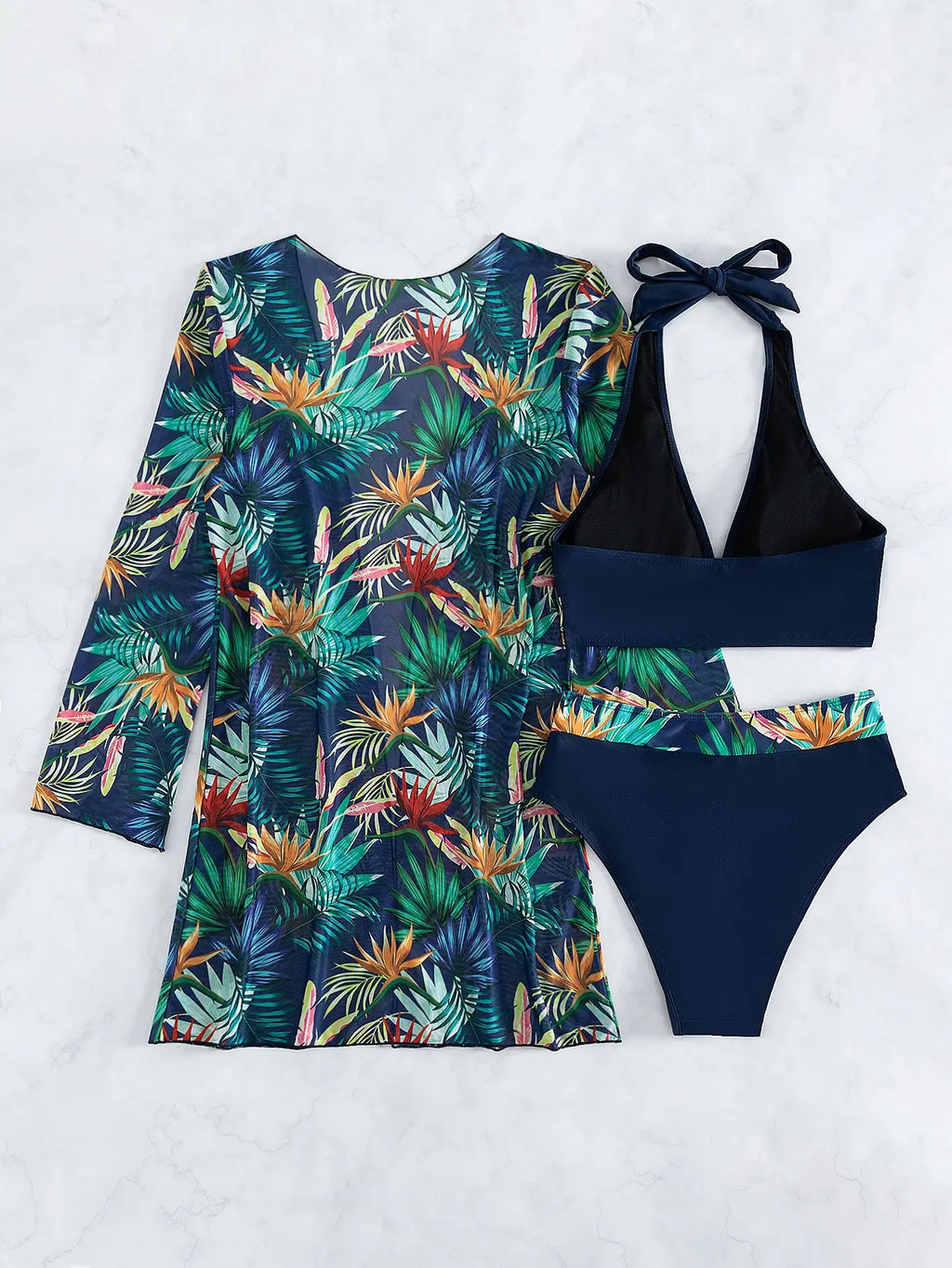 Print 3 Piece Bikini Set with Kimono - Halter High Waist Swimsuit for Women