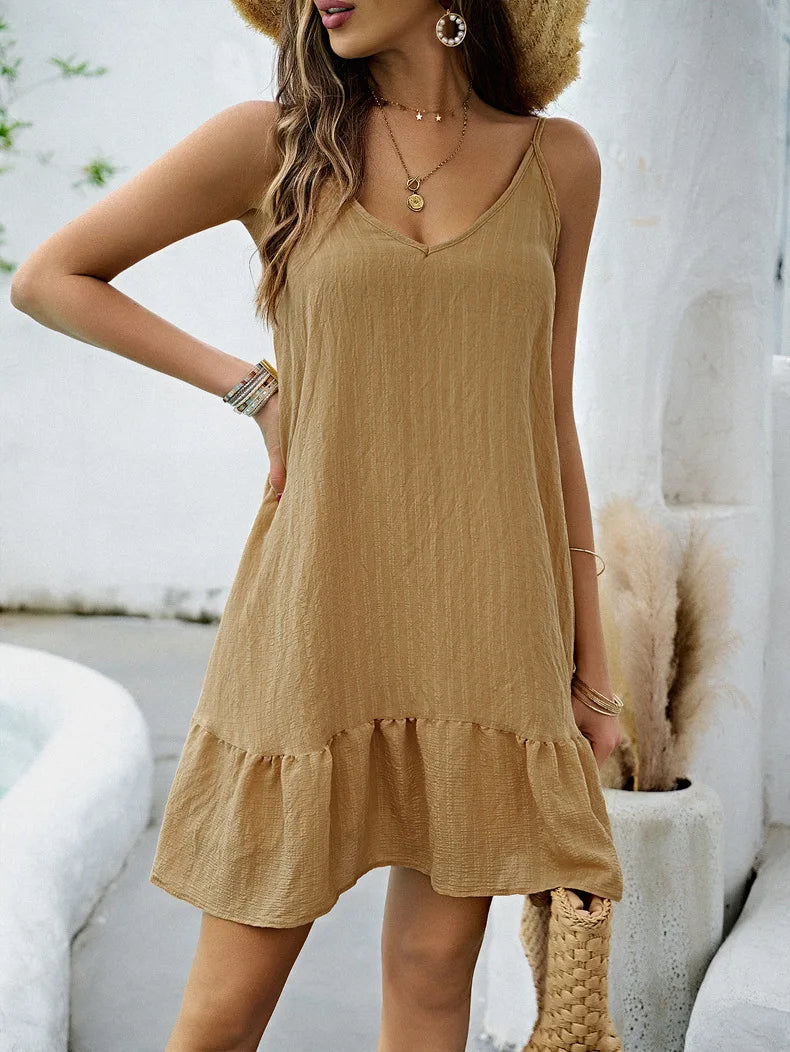 Women's Casual Summer Dress - Solid Color Sexy Suspender Short Skirt | Loose Beachwear