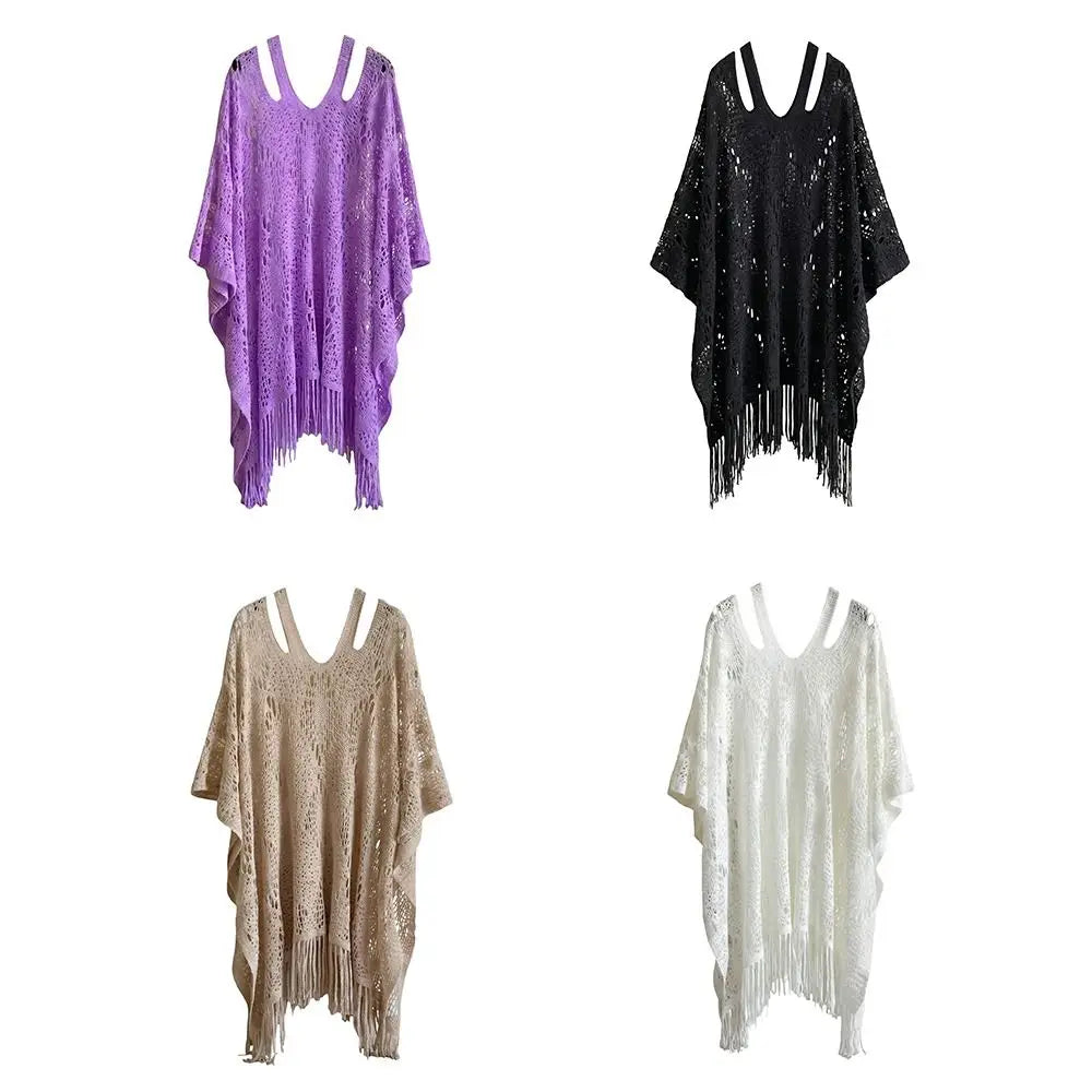 Women's Crochet Beach Shawl | Bohemian Tassel Sun Protection Cover Up