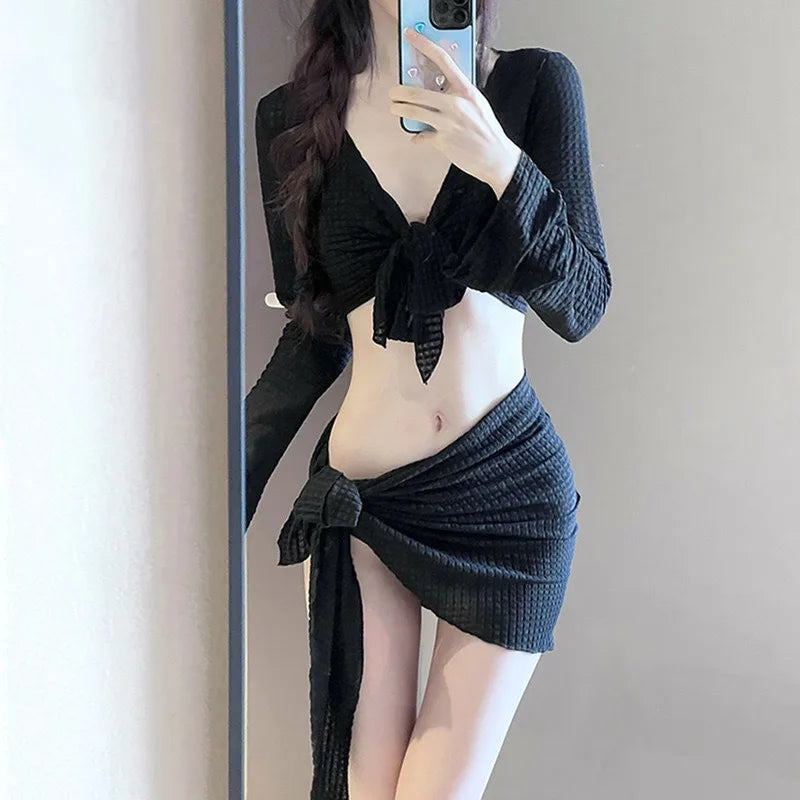 Women's 4-Piece Bikini Set | Waffle Knit Mesh Cover Up & Wrap Skirt for Beach
