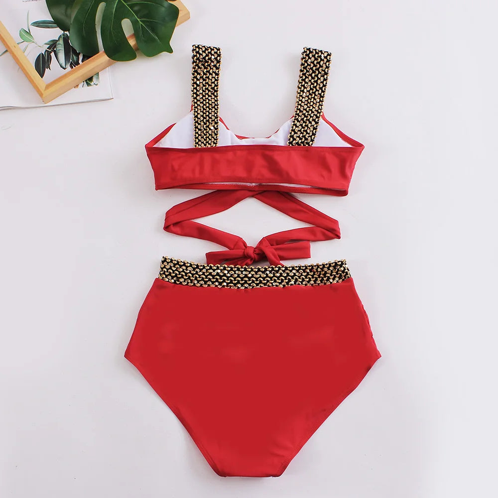 Black Cross High Waist Bikini Set - Solid Swimsuit for Women | 2025 Summer Beachwear