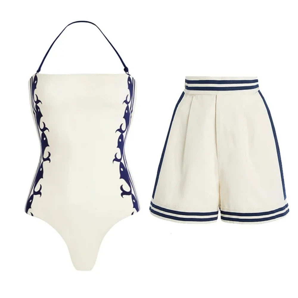 Women's Strapless One-Piece Swimsuit Set | With Shorts Two-Piece Beachwear