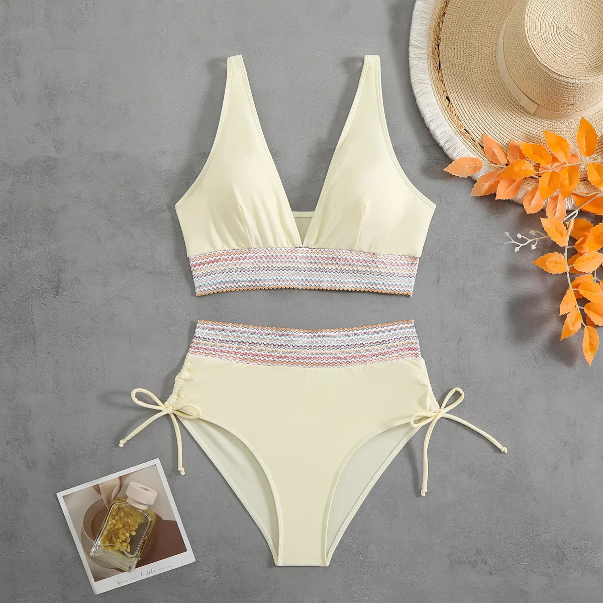 Solid Color Drawstring Bikini Set - High Waist Patchwork Separate Swimwear for Women