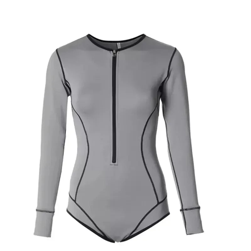 Vintage Gray One Piece Swimsuit - Long Sleeve Sporty & Slimming Sun Protection Swimwear
