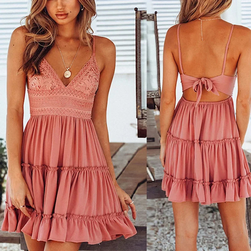 Women's White Lace V-Neck Mini Dress | Spaghetti Strap Boho Beach Party Dress
