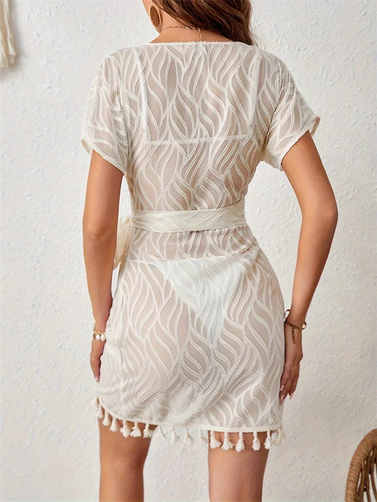 Women's White Lace Swim Cover Up | V-Neck Beach Dress