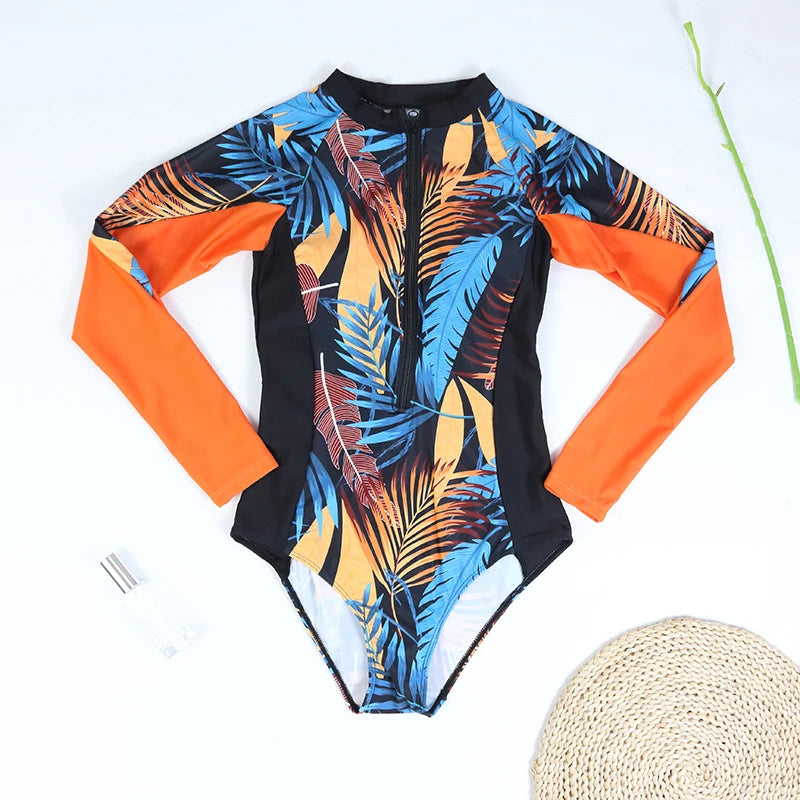 Women's Long Sleeve Floral Rash Guard One-Piece Swimsuit | Surfing Swimwear