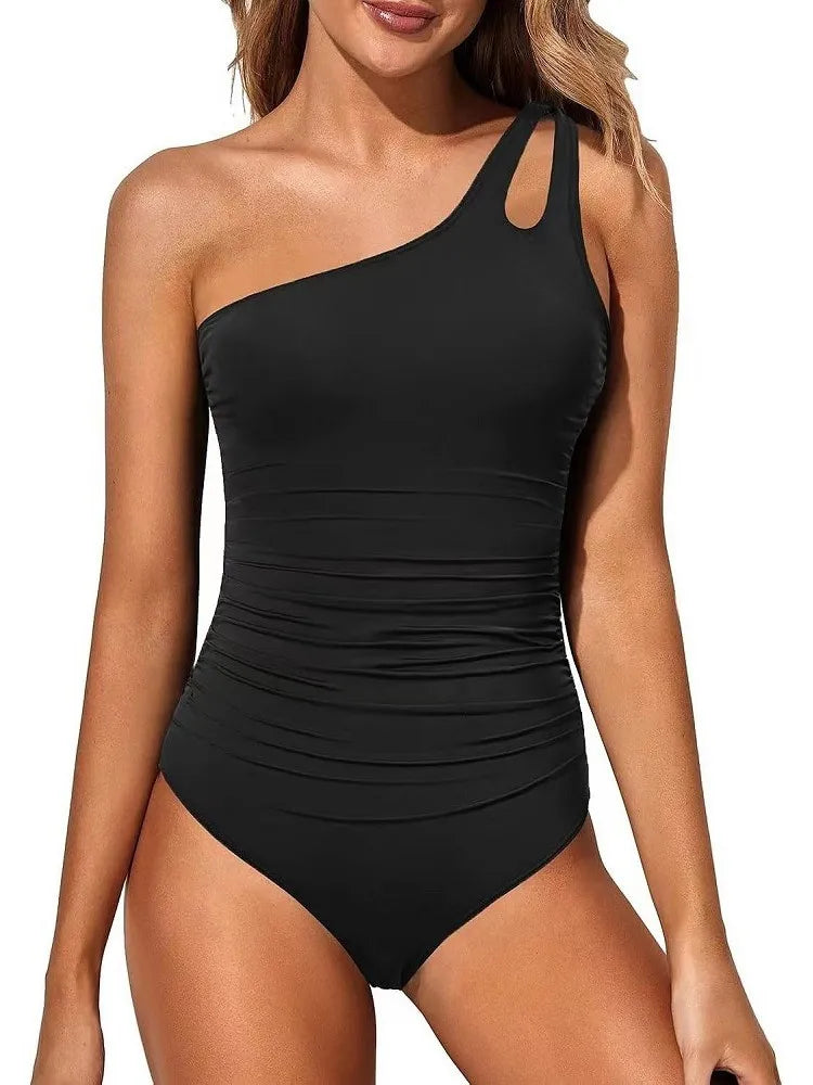 Women's Pure Color One Piece Swimsuit - Popular Single Shoulder Tight-Fitting Monokini