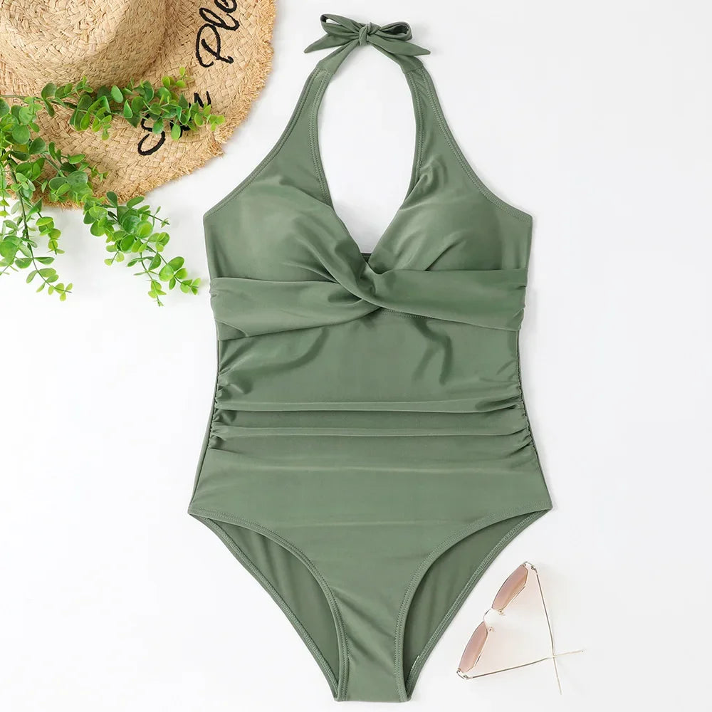 Women's Wrinkled Halter One Piece Swimsuit | V Neck Backless Monokini S-XXL